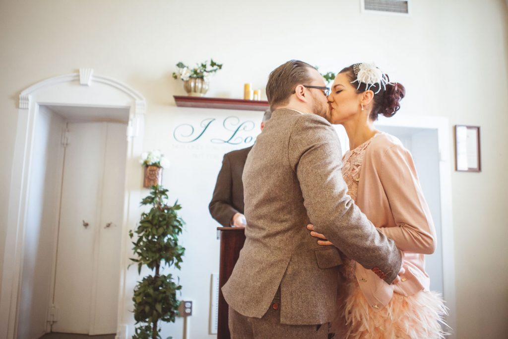 newly married couple's first kiss