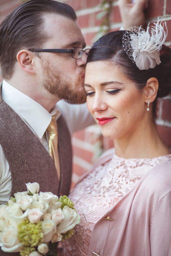 A romantic moment between the bride and groom