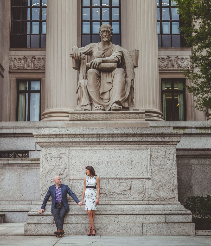 Engaged couple outside the National Archives in DC.