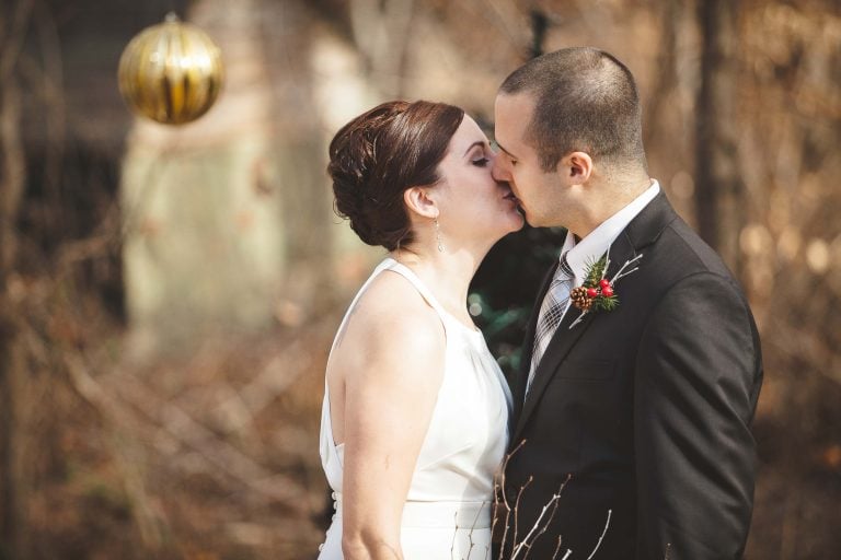 A bride and groom kissing in the Annapolis woods.