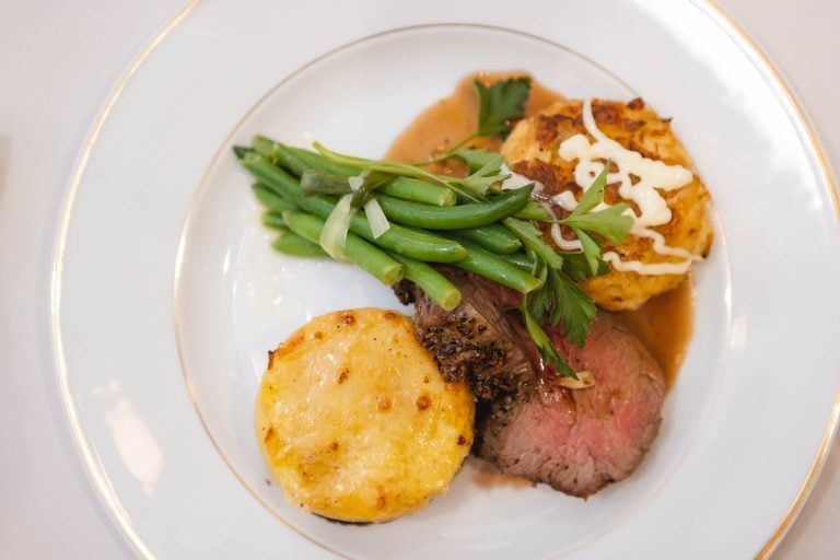 A plate with steak, potatoes and green beans at the Atreeum at Soaring Timbers in Maryland.