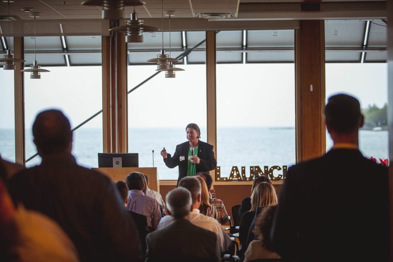 A woman from the Chesapeake Bay Foundation giving a presentation in Annapolis, Maryland.