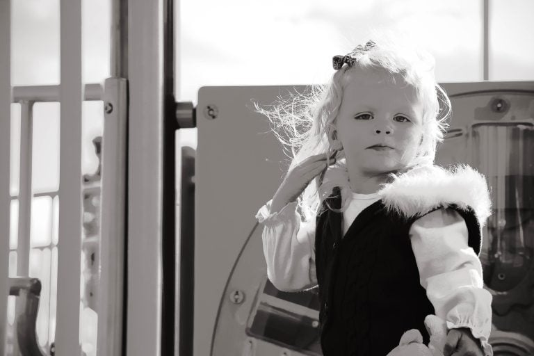 A black and white photo of a little girl in McLean, Virginia.