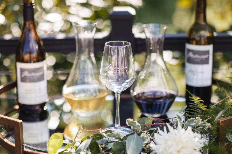 A tray with wine glasses and flowers on it at the Virginia-based Fleetwood Farm Winery in Leesburg.