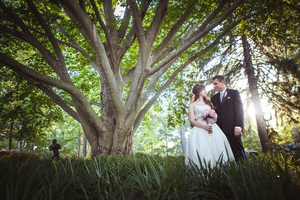 A bride and groom standing under a tree at Gramercy Mansion in Stevenson, Maryland.