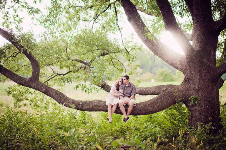 A couple sitting on a tree at the National Arboretum.