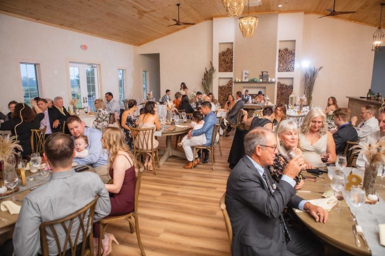 A group of people sitting at tables at a wedding reception at Two Lions Vineyard in Upper Marlboro, Maryland.