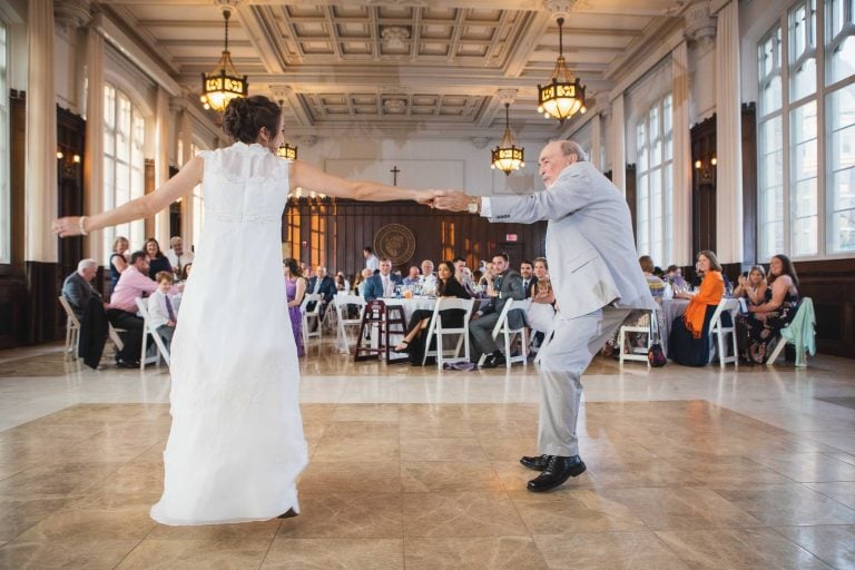 A bride and groom dancing at Catholic University.