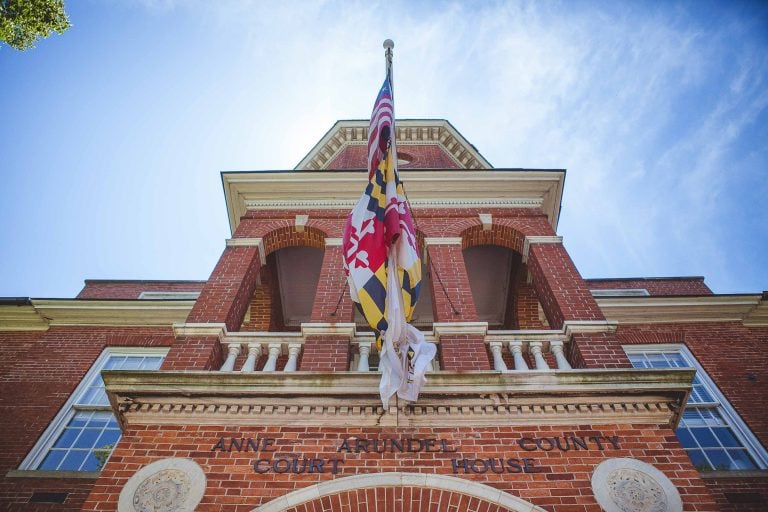 An American flag is flying over the Circuit Court for Anne Arundel County building in Annapolis, Maryland.