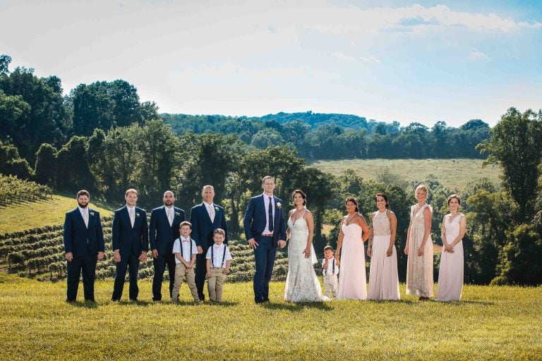 A wedding party posing for a photo at Linganore Winecellars in Maryland.