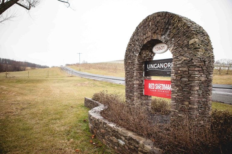 A stone archway with a sign on it in the middle of a field in Maryland.