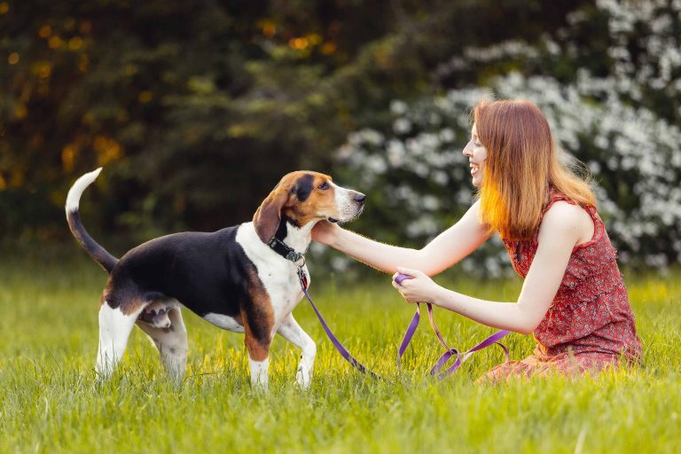 A woman is petting her dog at Montpelier Mansion in Maryland.