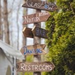 A group of wooden signs on a pole, perfect for adding details to a wedding.