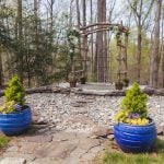 Two blue potted plants in a wooded area with details.