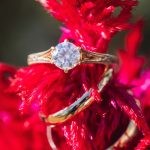 A detailed gold engagement ring rests on top of a vibrant red flower.