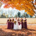 The bride and bridesmaids are posing for a wedding portrait in front of a fall tree.