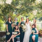 Keywords: Bridesmaids, Photo.

Modified Description: A group of bridesmaids in teal dresses pose for a wedding photo.