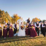 A group of bridesmaids and groomsmen posing in a field for a wedding portrait.