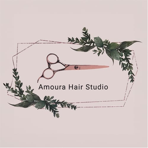 Logo for Amoura Hair Studios, a wedding hair and makeup studio, featuring a pair of scissors surrounded by geometric lines and green leaves.