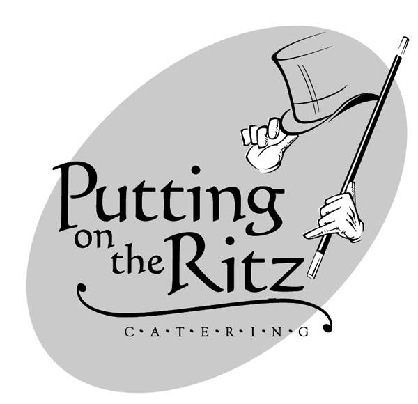 An oval shaped logo featuring two white gloves, a top hat and a cane, for Putting on the Ritz Catering, an event and wedding vendor.