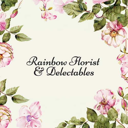 A logo for Rainbow Florist & Delectables, a wedding vendor, surrounded by pink flowers and green leaves.