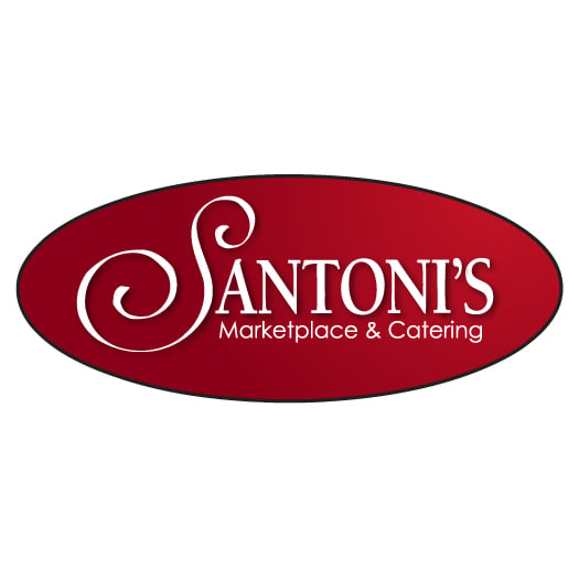 A oval shaped logo for Santoni's Marketplace & Catering, an event and wedding caterer.