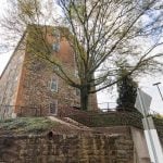 The picturesque Savage Mill, known for its architectural details, features a charming building with stairs that perfectly complement the lush tree in front of it.