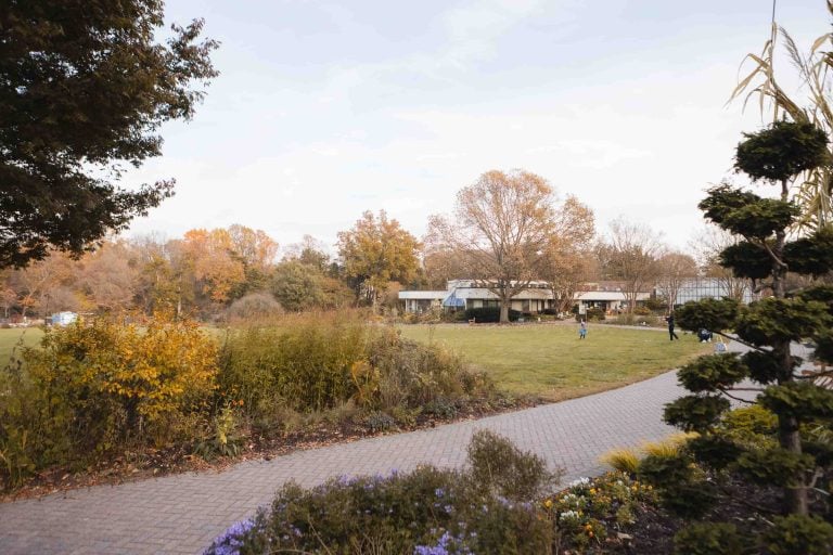 Green Spring Gardens is a picturesque park in Virginia, located in Alexandria. The park offers a peaceful walkway surrounded by beautiful trees and vibrant flowers.