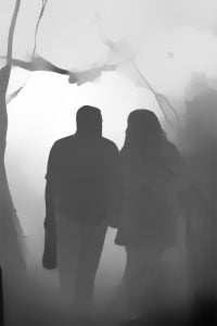 Silhouetted figures of a man and woman walking through a misty forest, holding hands, with tree branches visible in the background.