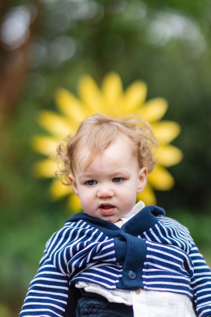 A portrait of a toddler with curly hair wearing a striped sweater stands outdoors in Brookside Gardens in front of a yellow flower, creating the illusion that the flower is a halo.