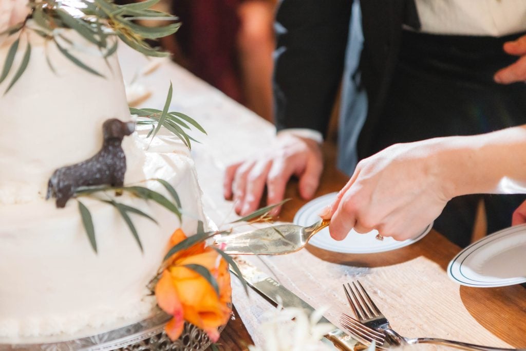 A person is cutting into a twotiered white wedding cake adorned with green leaves and an orange flower during a wedding reception at The Barns at Hamilton Station. A small black dog figurine sits atop the cake while another person holds a plate.