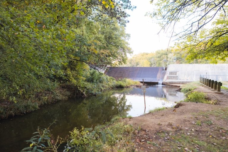 A small river flows gently towards a concrete dam, nestled within the lush green trees and foliage of Annapolis Waterworks Park. Signs are thoughtfully posted near the water's edge.