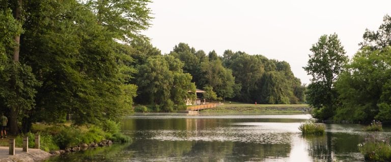 Under a clear sky, Lake Elkhorn mirrors the lush green trees surrounding it. A quaint building and an elegant bridge gracefully span across the background, enhancing the tranquil scene.